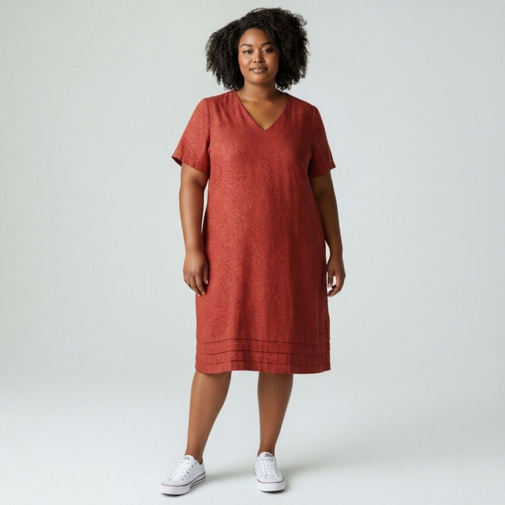 Nicole Miller Linen Blend Shift Dress XL Rust Red Tropical womens Comfort